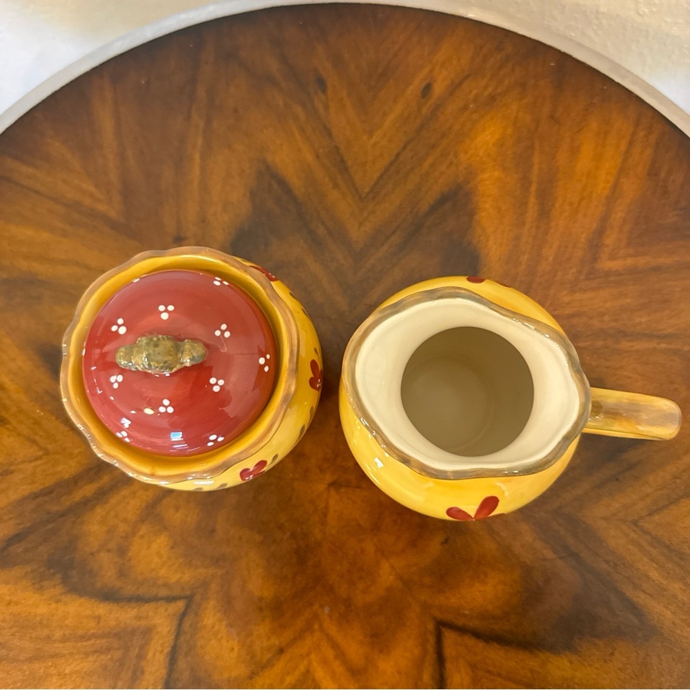 Vintage Bienvenue Yellow and Red Floral Ceramic sugar bowl and creamer s… - Picture 5 of 10